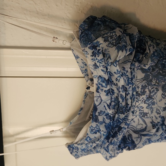 House Of CB Ella Blue + White Ruched Organza Mesh Mini dress Medium